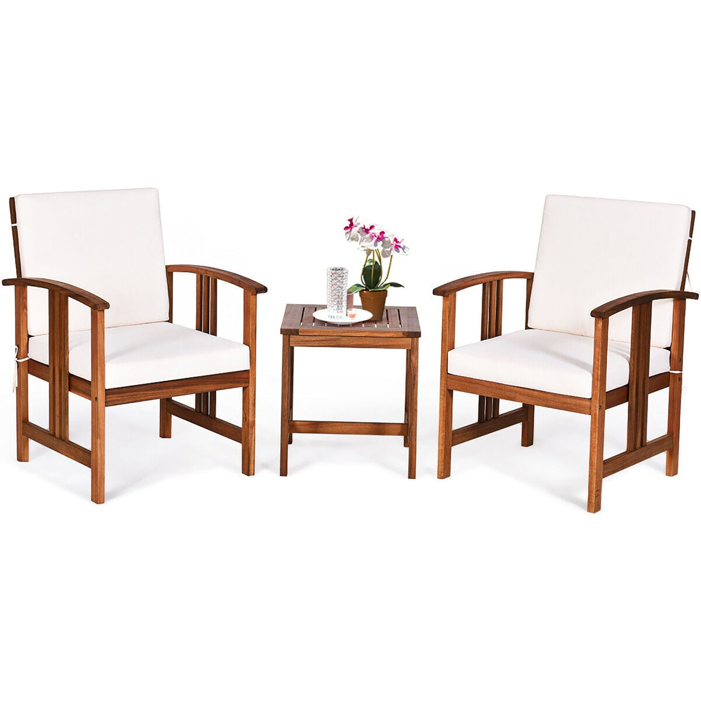 Sumyeg Solid Wood Sofa Set 3 -Piece Patio Conversation Set with White Cushions