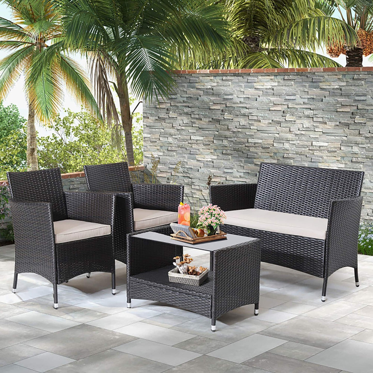 Forclover 4 Pieces Patio Conversation Set with Soft Cushions and Tempered Glass Tabletop 4 -Piece Rattan Patio Conversation Set with Off-white Cushions
