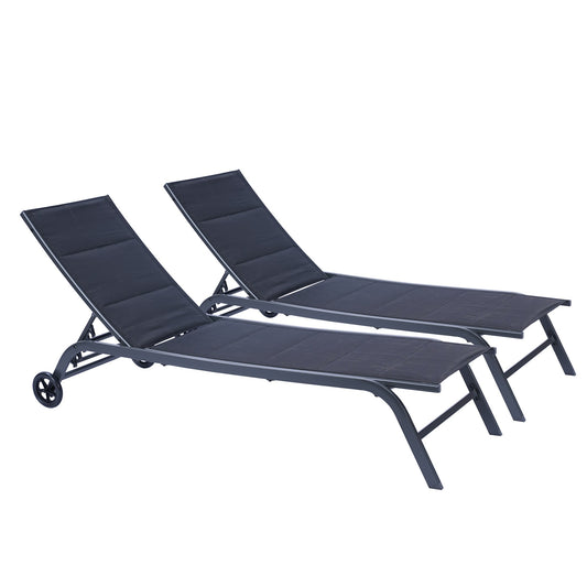 Miki Shinly Adjustable Aluminum Lounge Chair Set of 2 Black Metal Frame Chaise Lounge Chair with Black Sling Seat