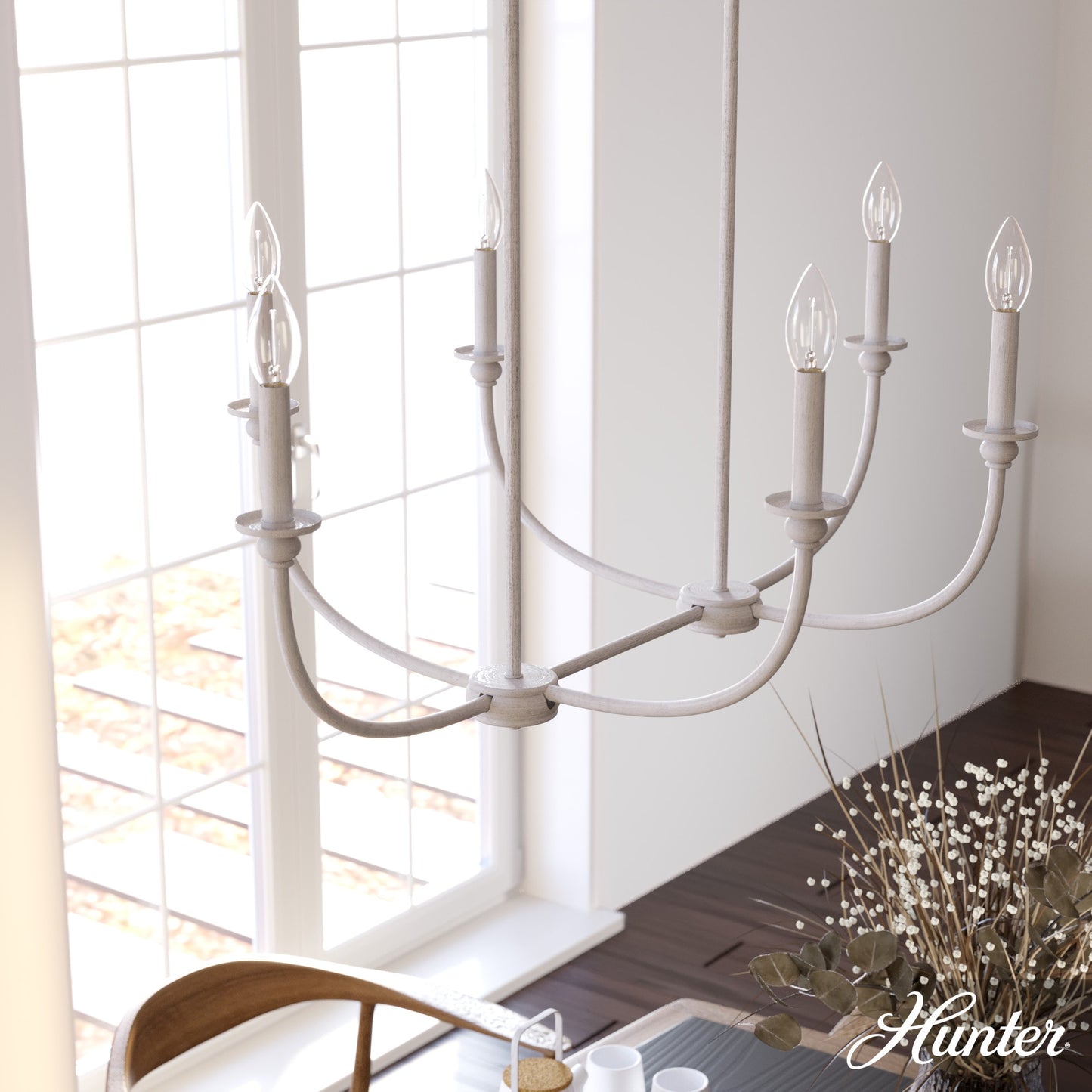 Hunter Southcrest 6 -Light Distressed White Transitional For Use in Bedrooms, Dining Rooms, Foyers, Kitchens, Living Rooms Chandelier