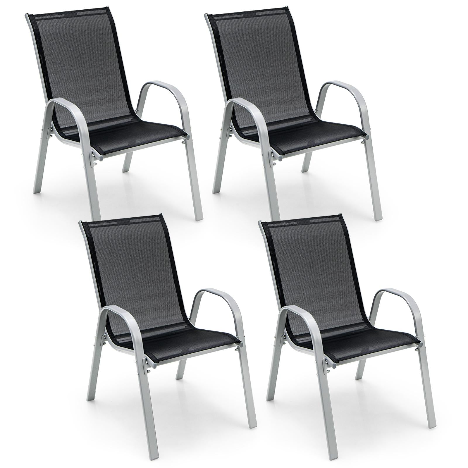 Forclover Patio chair Set of 4 Gray Metal Frame Stationary Dining Chair with Black Mesh Seat