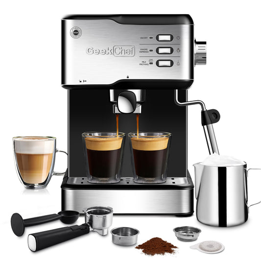 GZMR Semi-Automatic Espresso and Cappuccino Latte Maker, 20 Bar Pump Coffee Machine, Silver Finish, Removable Water Tank HYCC-24809US-LC