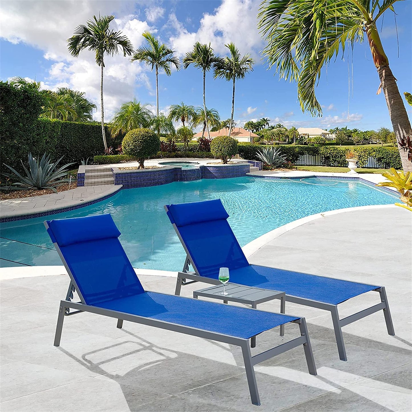 Damerin Patio Chairs Set of 2 Blue Steel Frame Stationary Chaise lounge Chair with Blue Mesh Seat