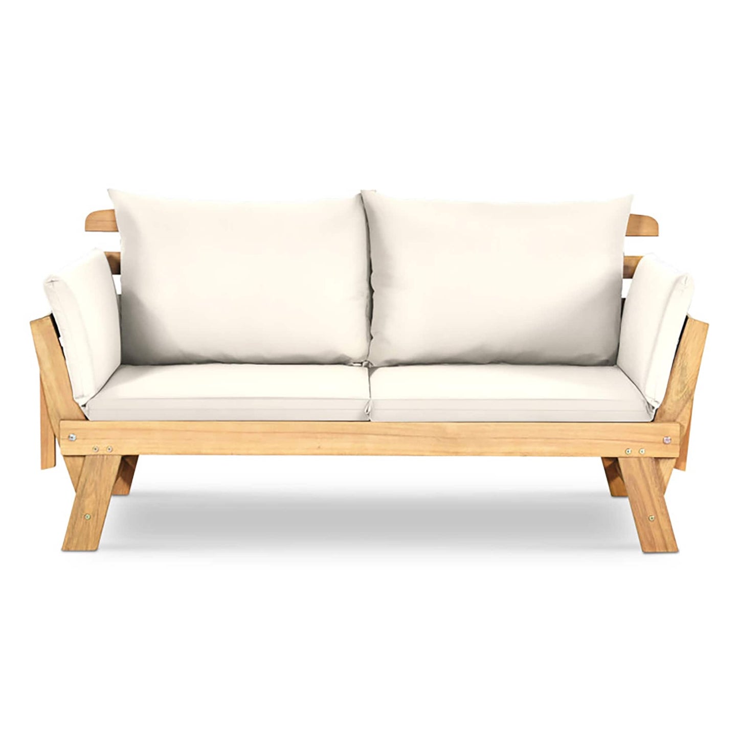 Forclover Adjustable Patio Convertible Sofa with Thick Cushion Outdoor Loveseat with Beige Cushions and Wood Frame