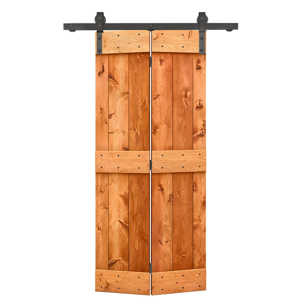 CALHOME 22-in x 84-in Red Walnut Mid-Bar Pine Wood Solid core Single bifold Barn Door (Hardware Included)