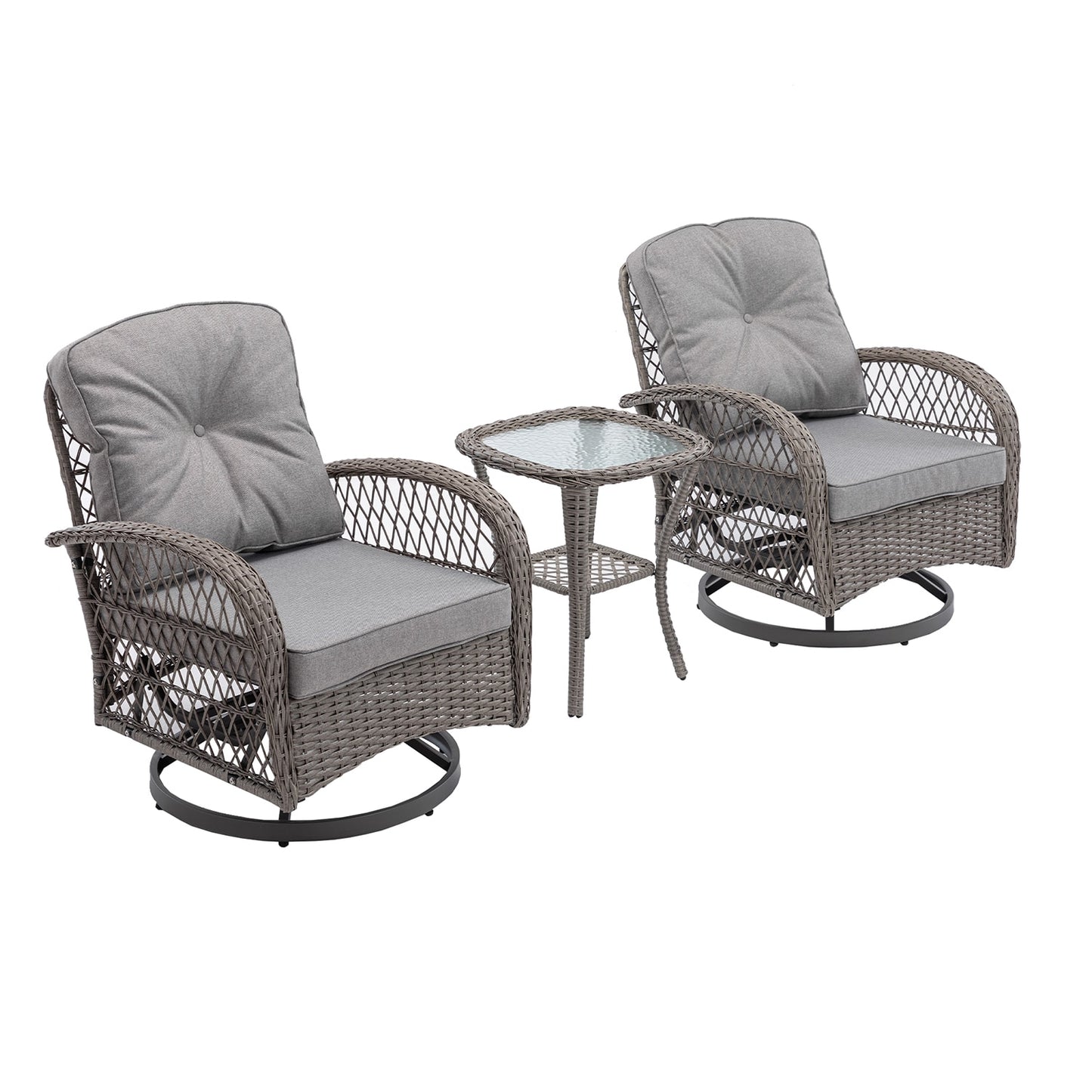 SINOFURN Set of 2 Wicker Gray Rattan Frame Swivel Conversation Chair with Gray Cushioned Seat