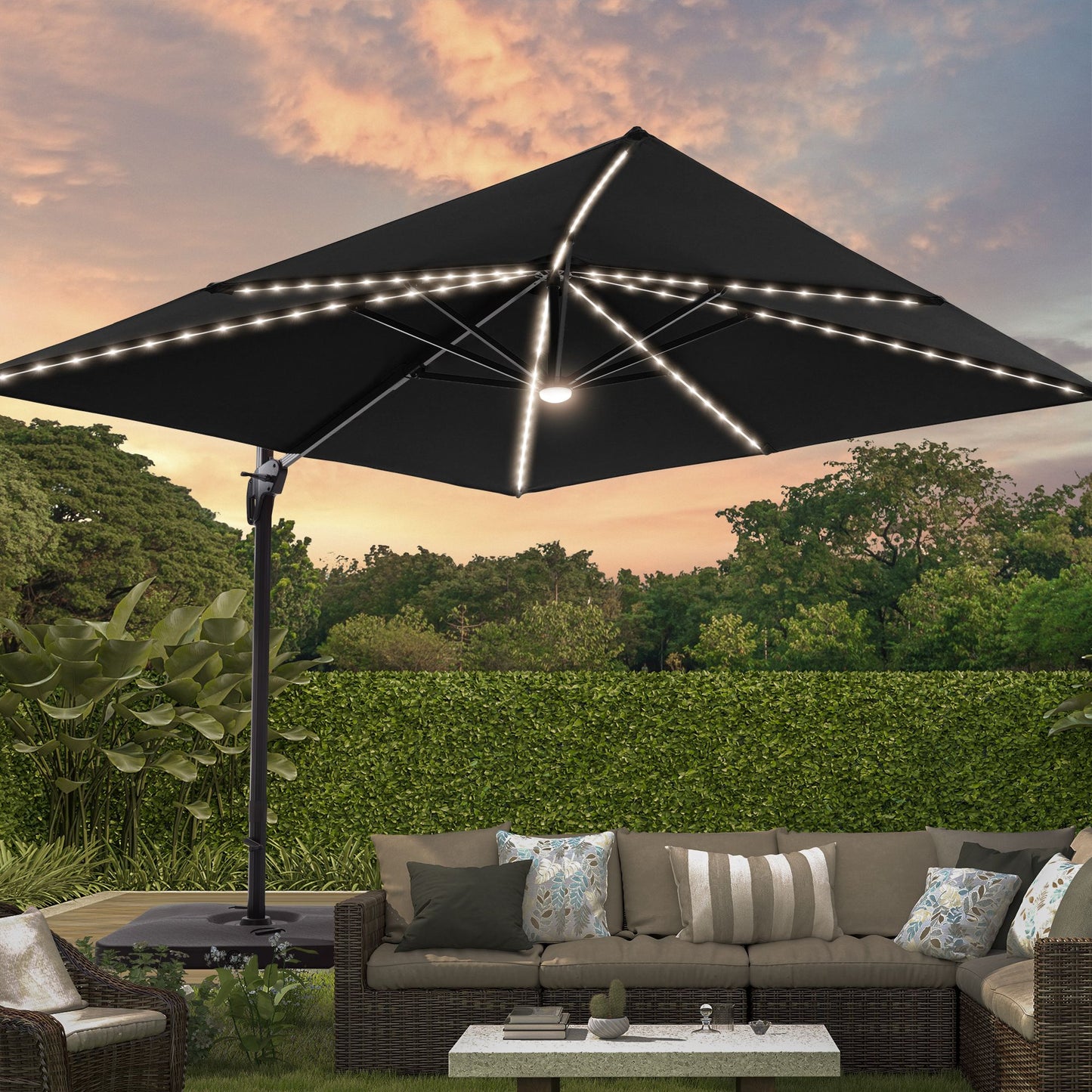 Sonkuki 10-Feet Aluminum Black No-tilt Cantilever Patio Umbrella with Lights and with Base