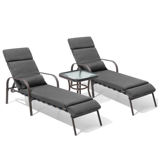 Crestlive Products Folding Chaise Lounge with Table 3 -Piece Patio Conversation Set with Gray Cushions