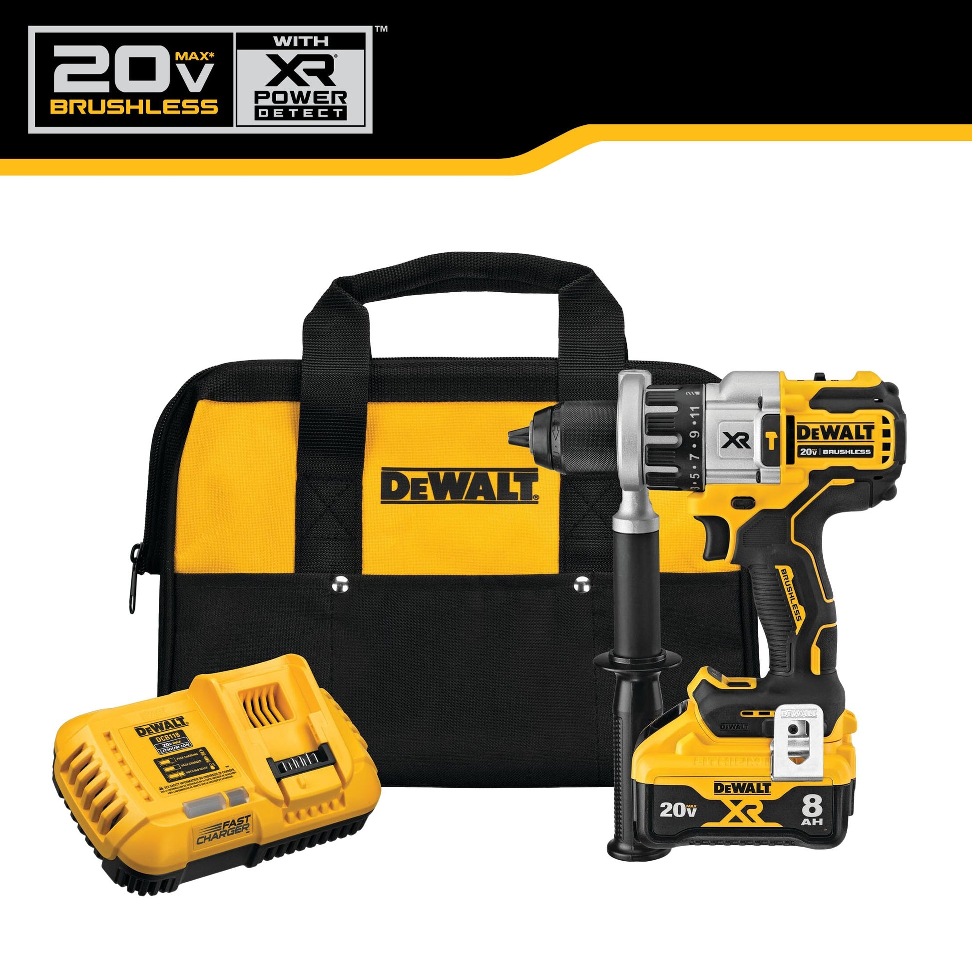 DEWALT XR POWER DETECT 1/2-in 20-volt Max Variable Brushless Cordless Hammer Drill (1-Battery Included) DCD998W1