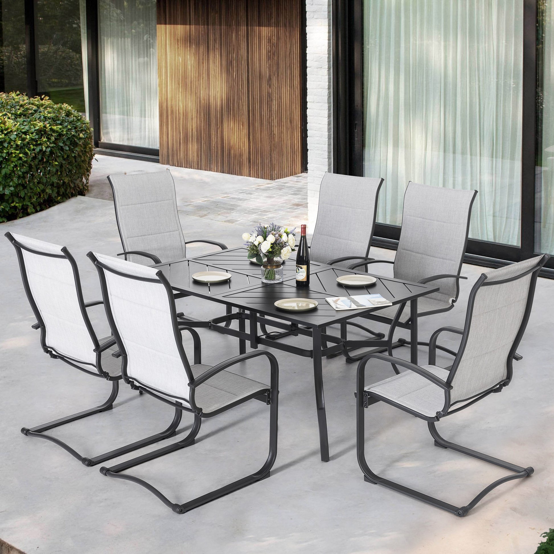 Nuu Garden Patio Dining Sets 7 -Piece Black Patio Dining Set Iron Rectangle Table with 6 Gray C-spring Chairs