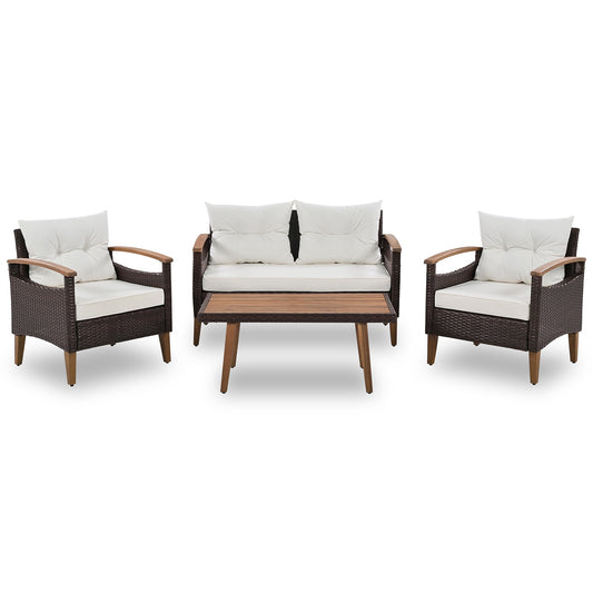 Bybafun 4 -Piece Wicker Patio Conversation Set with Beige Cushions