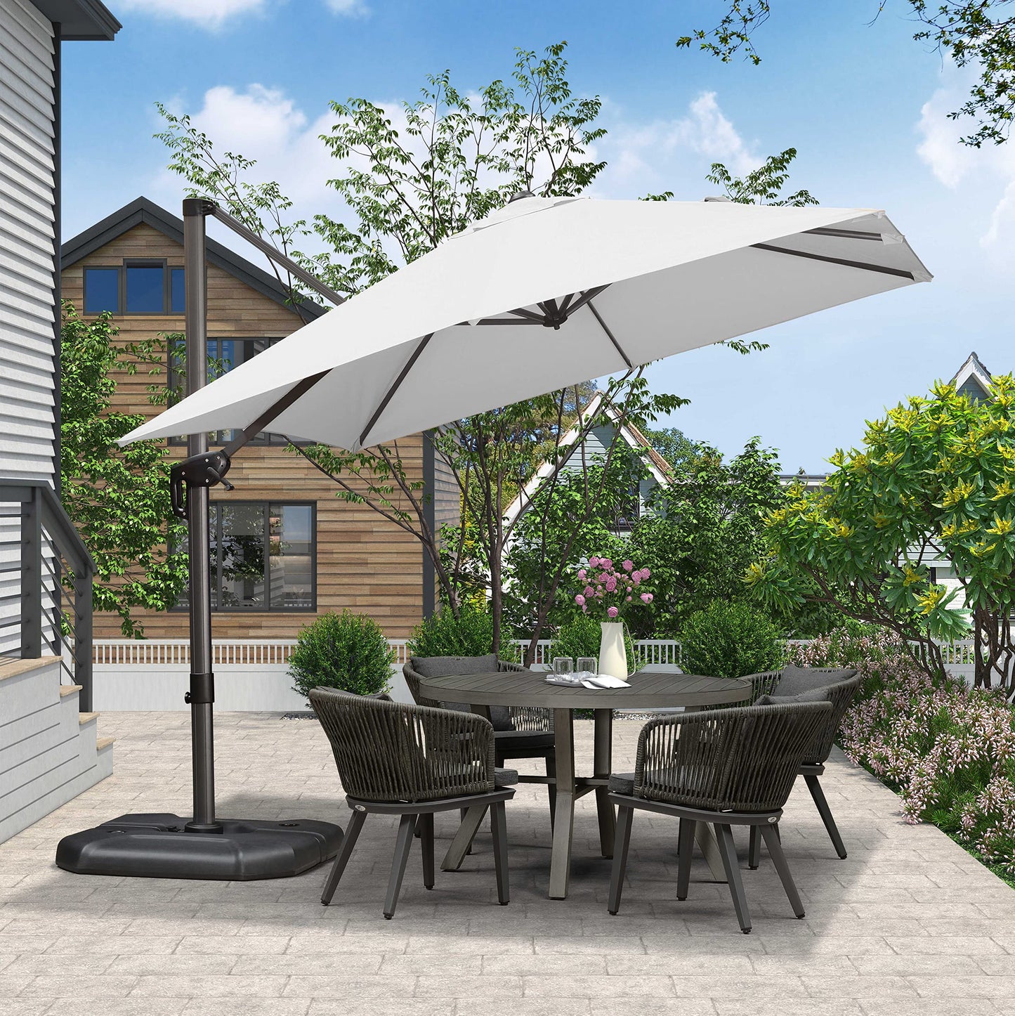 PURPLE LEAF 9-ft Aluminum White Crank Cantilever Patio Umbrella with Base