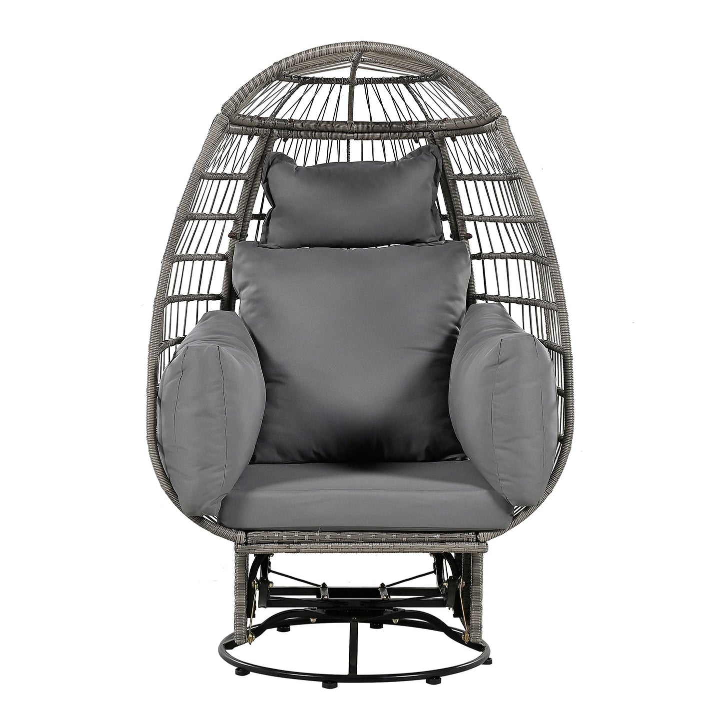 SINOFURN Rattan Gray Iron Frame Swivel Egg Chair with Gray Cushioned Seat