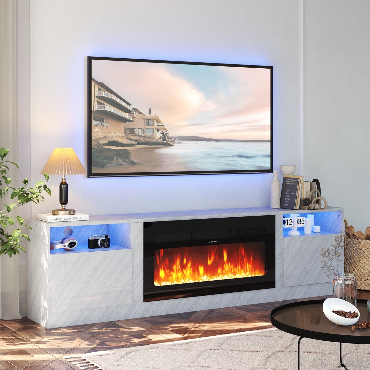 AOXUN 79-in W Gray TV Stand with LED Electric Fireplace H21028GR+H20023