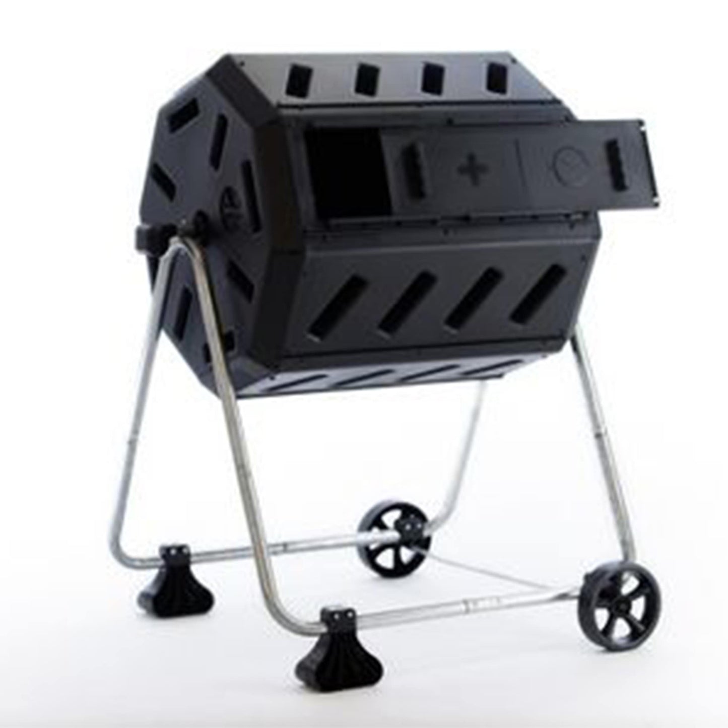 FCMP Outdoor IM4000-WK 37 Gal Dual Chamber Tumbler Composter Bin - Quick Curing, Easy Assembly, Child Safe, Black, Hinged Lid 160986