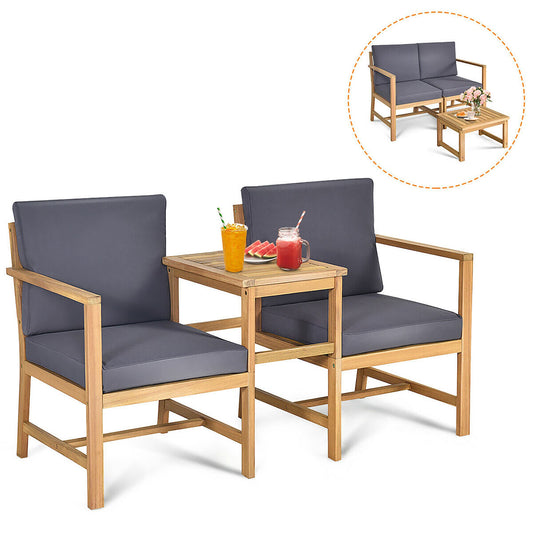 Costway Set of 2 Natural Teak Wood Frame Stationary Conversation Chair with Cushioned Seat