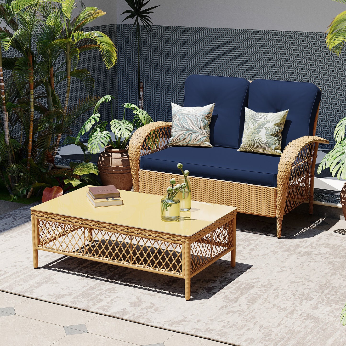 Patio Watcher 2-Piece Rattan Patio Conversation Set with Blue Beige Cushions
