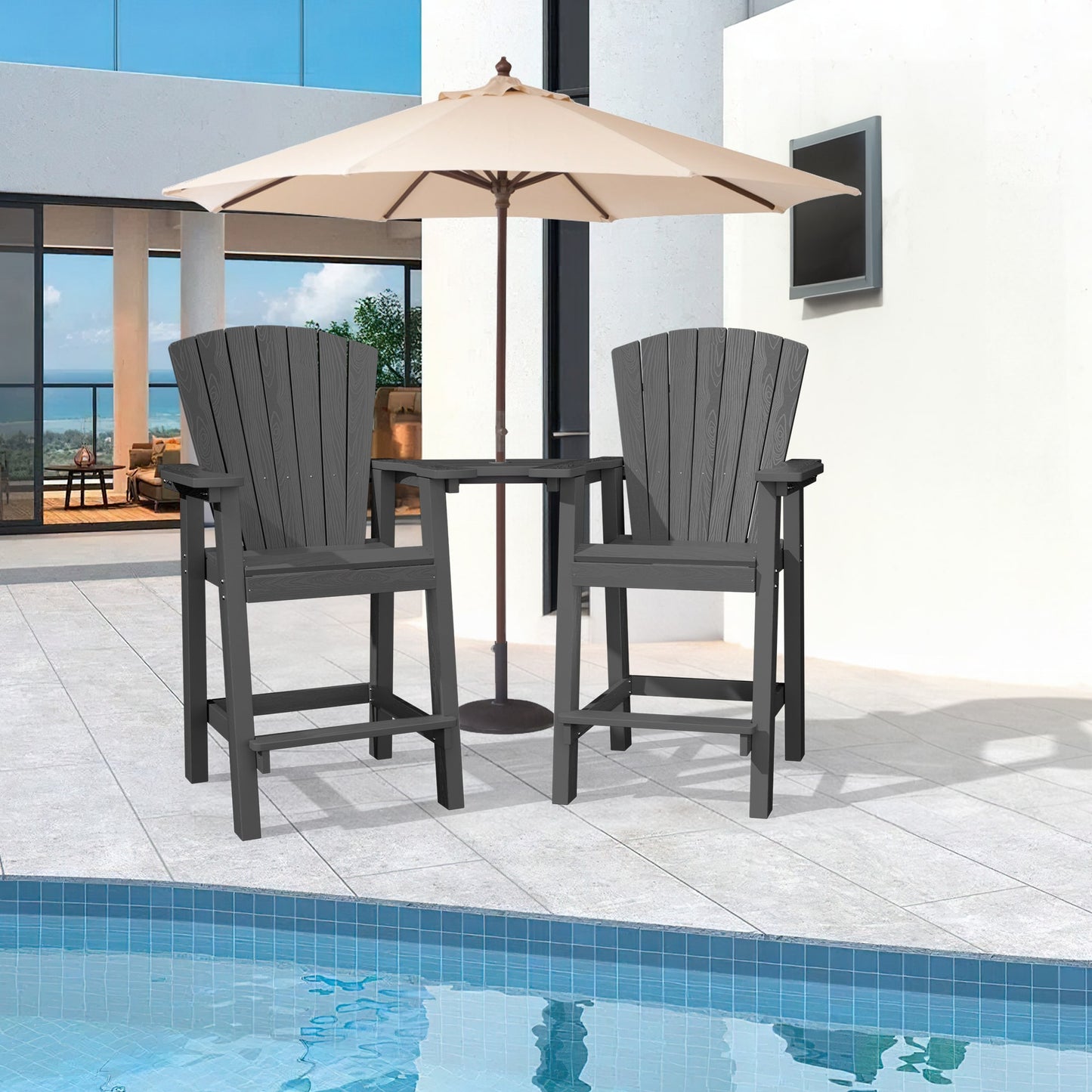 VOUA Patio HDPE Tall Bar Set With Umbrella Hole Set of 2 GRAY HDPE Frame Stationary Bar Stool Chair with Slat Seat