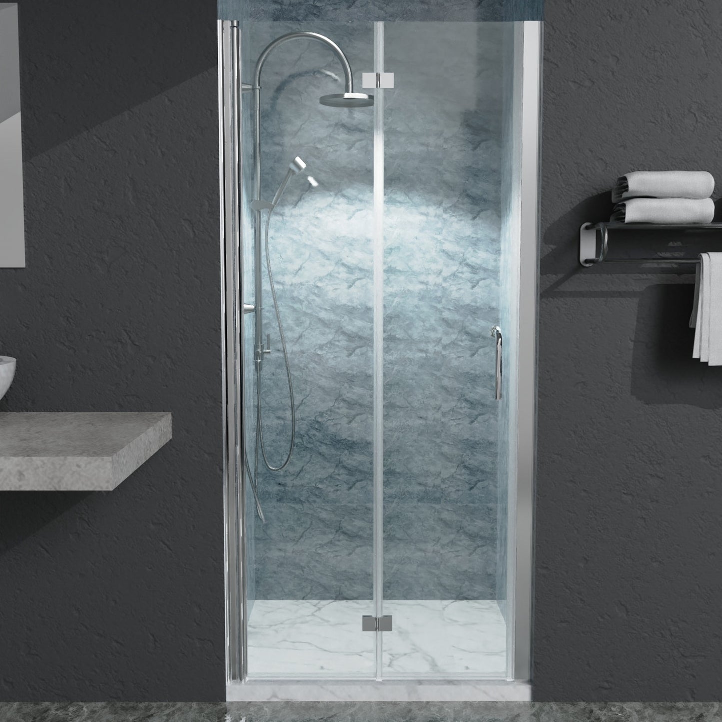 AAZJ HS Bifold Shower Doors Silver 34-in to 35-in W x 72-in H Frameless Clear Glass Buttress Bifold Shower door