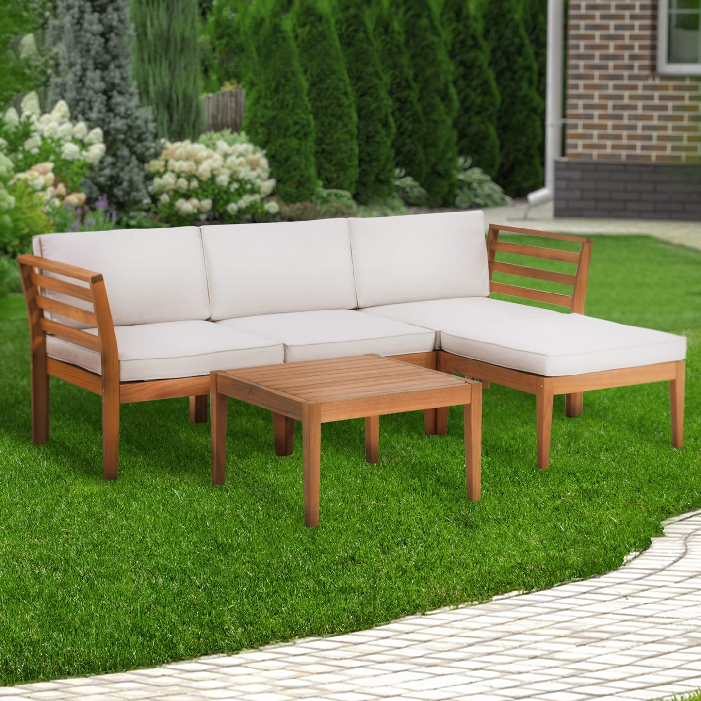 Werph Outdoor patio furniture Outdoor Sofa with Off-white Cushions and Wood Frame
