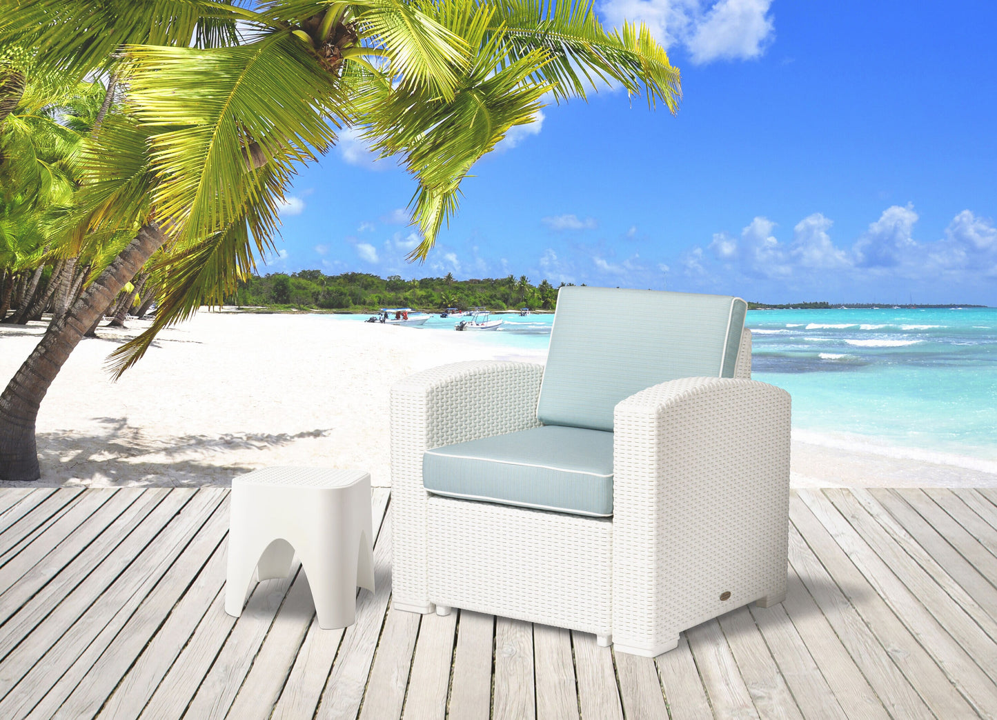 Lagoon Magnolia Rattan White Rattan Frame Stationary Conversation Chair with Blue Cushioned Seat