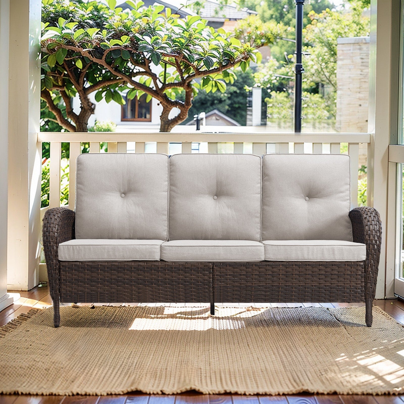Jeehope PASOFA-T Wicker Outdoor Sofa with Beige Cushions and Steel Frame
