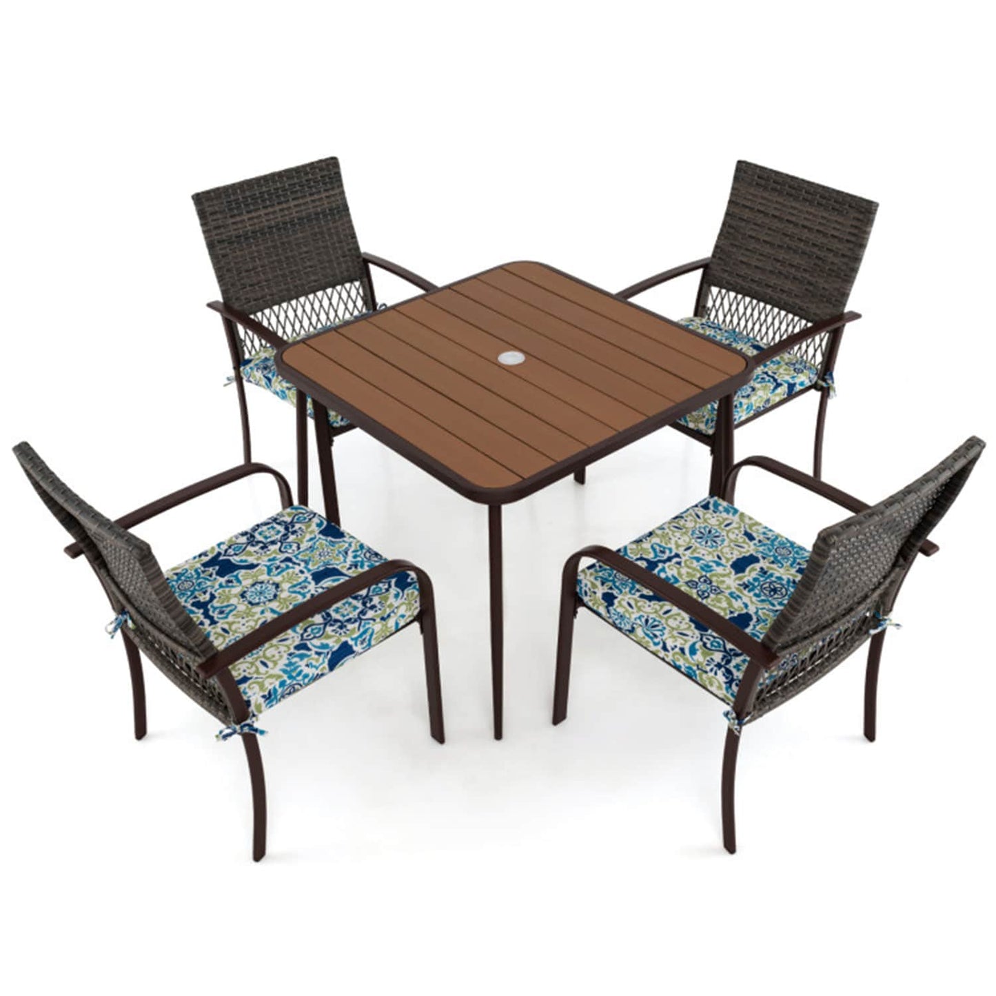 Mondawe 5 -Piece Brown Rattan Patio Dining Set Steel Square Table with 4 Multiple colors/finishes Cushions Stationary Chairs
