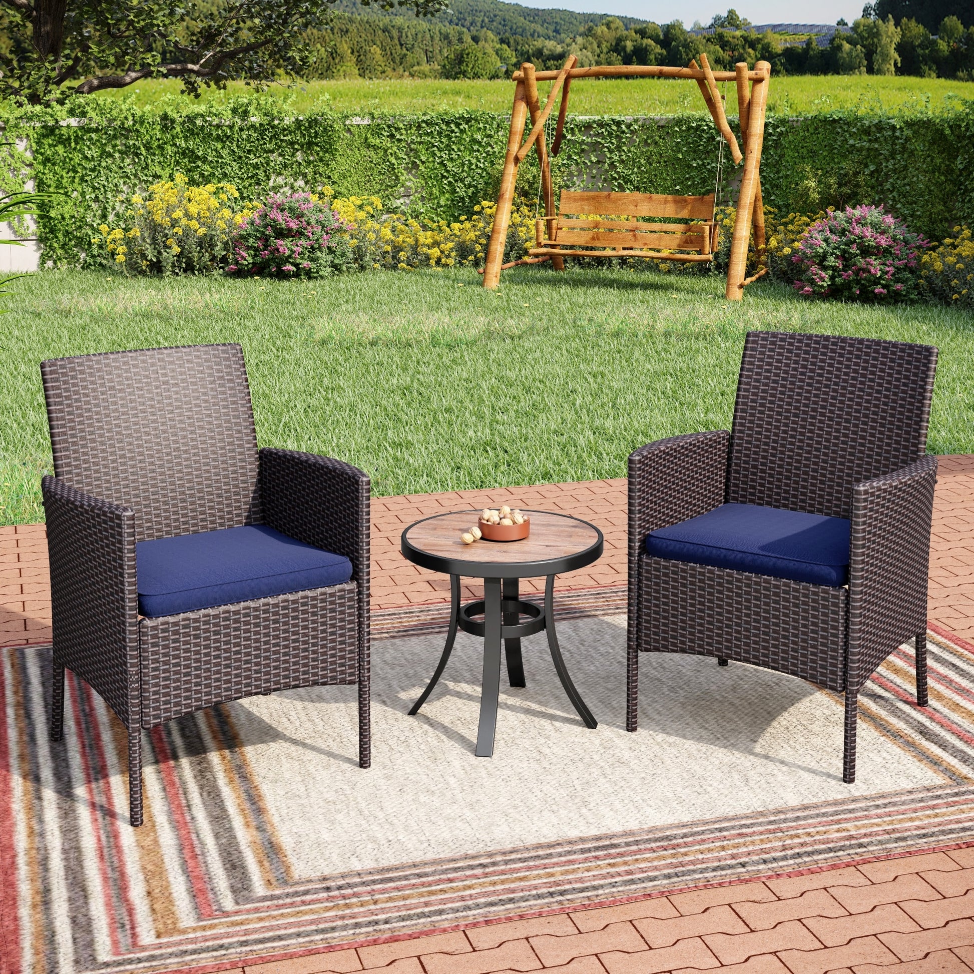 Sunshine Valley Outdoor Table and Chairs 3 -Piece Black Rattan Patio Dining Set Steel Round Table with 2 Blue Cushions Stationary Chairs