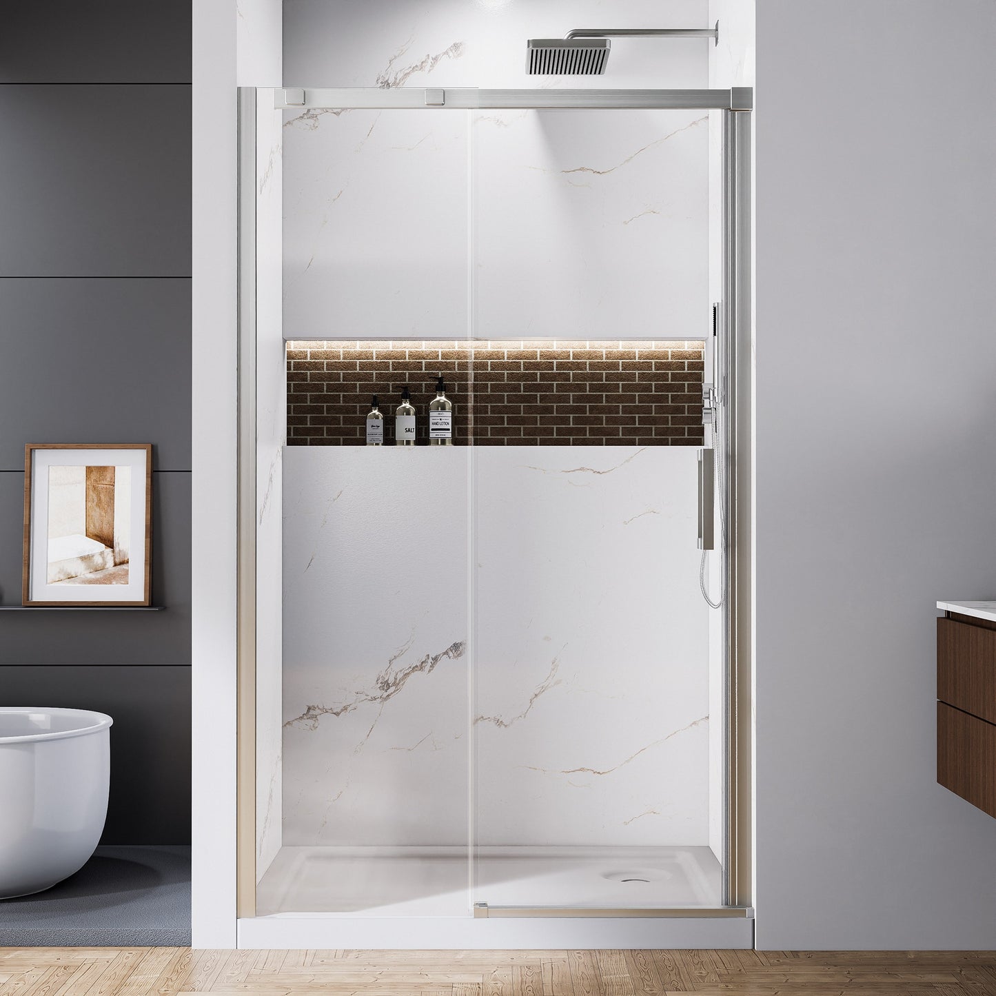 AAZJ AHS Track Sliding Shower Door Brushed Nickel 44-in to 48-in W x 74-in H Framed Clear Glass Sliding Shower door