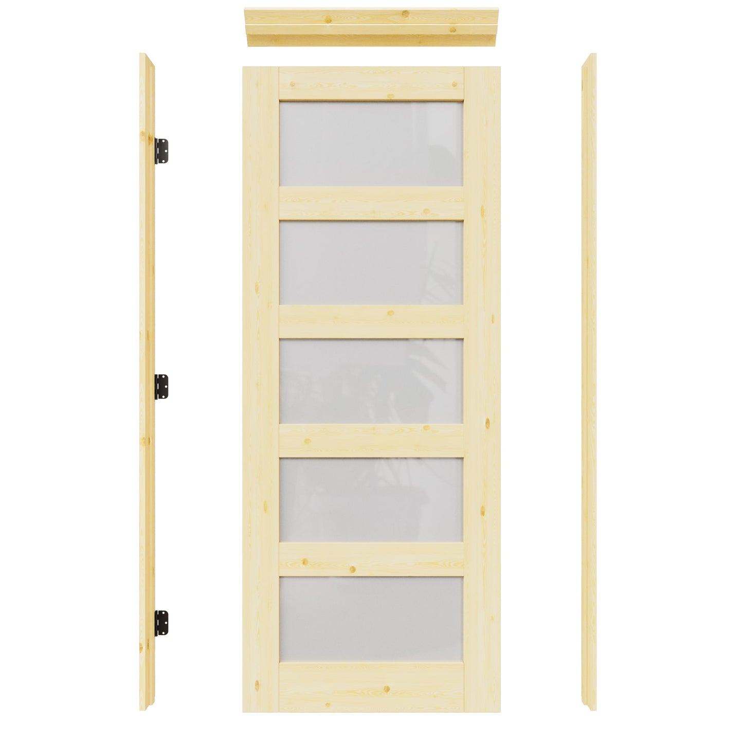 JUJUBON 36-in x 80-in Natural Quickly Assemble Jamb Solid core 5-panel square Frosted glass Right hand Textured Unfinished Pine Wood Flat Jamb Single Prehung Interior Door