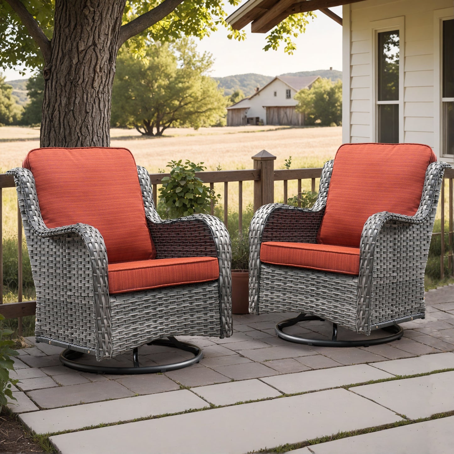 Pouuin Set of 2 Wicker Gray Metal Frame Swivel rocker Rocking Chair with Orange Cushioned Seat