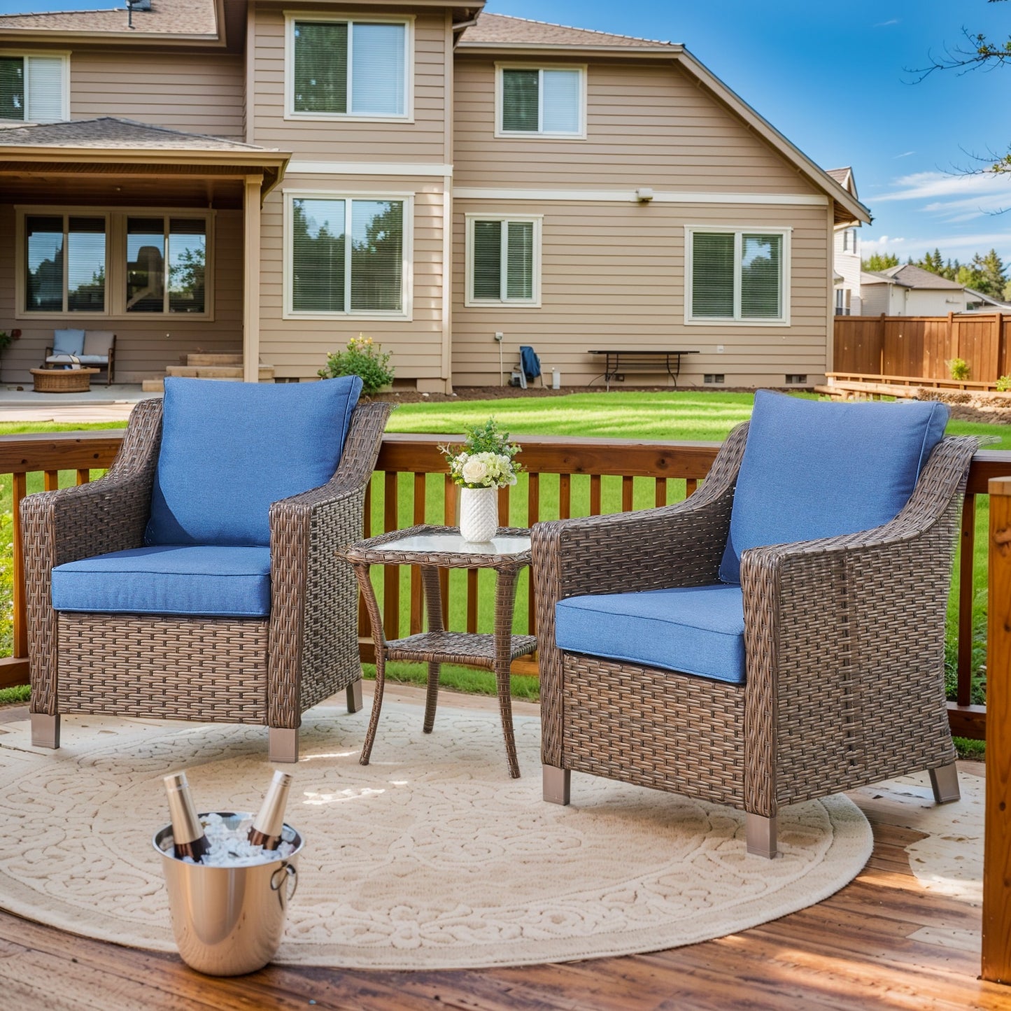 Jeehope PAnorama Series 3 -Piece Wicker Patio Conversation Set with Navy Cushions