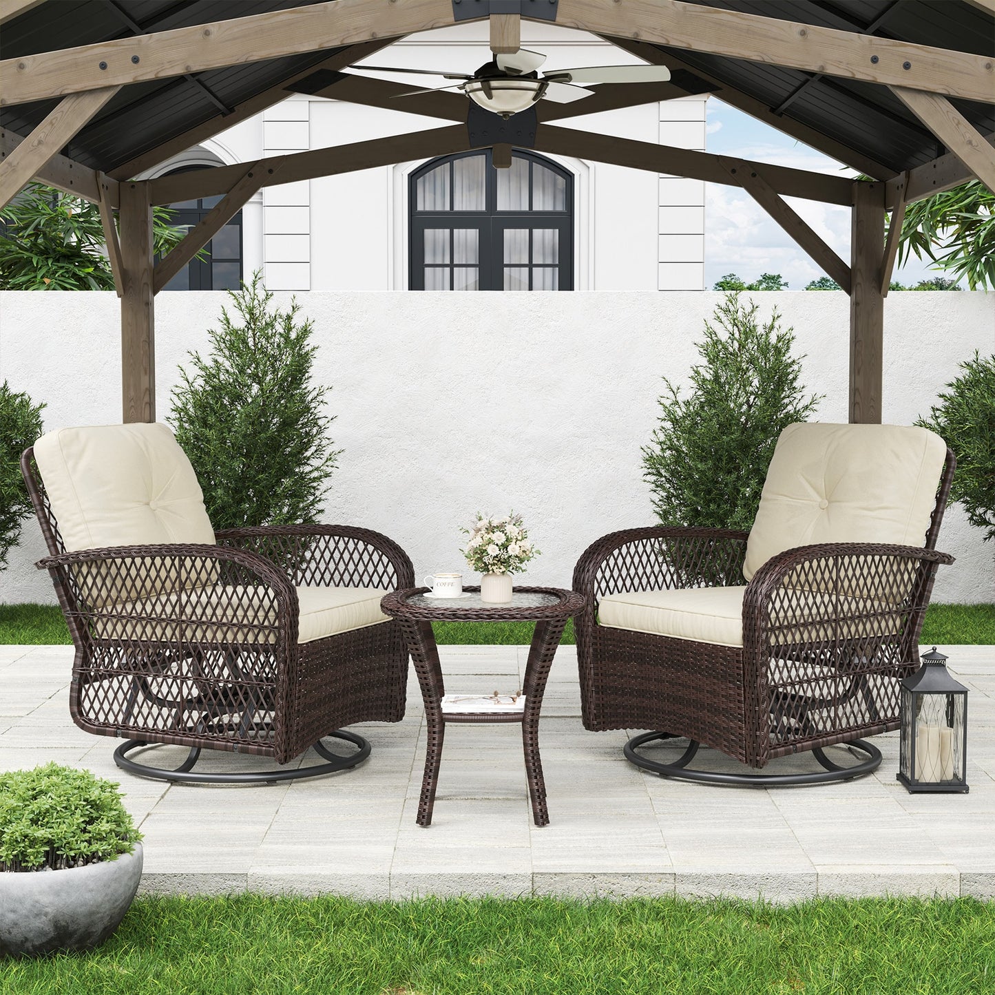 AOXUN 3 -Piece Rattan Patio Conversation Set with Brown Cushions
