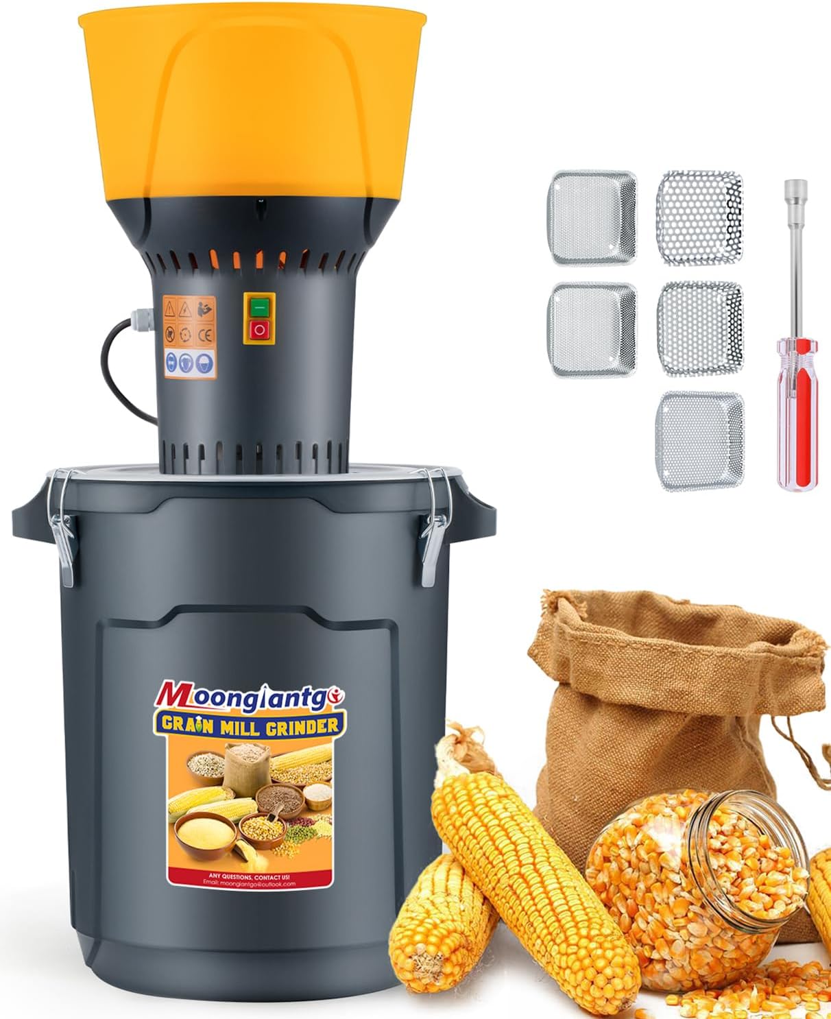 Moongiantgo Grain Mill Grinder Electric Corn Grinder 1300W Feed Mill Dry Cereals Grinder Detachable 13.2 Gal Bucket & Hopper, with 5 Sieves + 1 Socket Wrench, Molino de Maiz, 110V (50L)