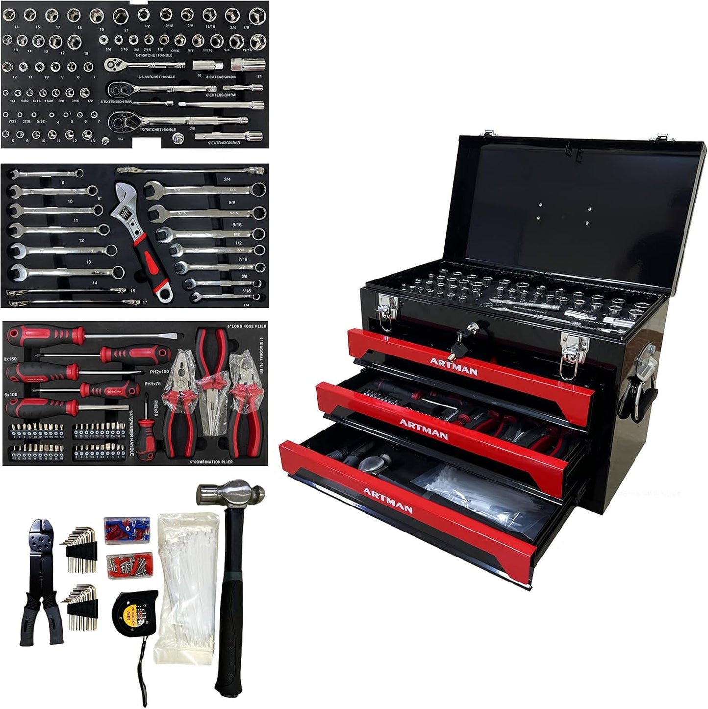 439-Piece Mechanic Tool Set in Heavy-Duty 3-Drawer Steel Box with 4-Tier Socket, Wrenches & Pliers. Portable Household Tool Kit Organizer Case for Auto Repair, Garage, Workshop. Red