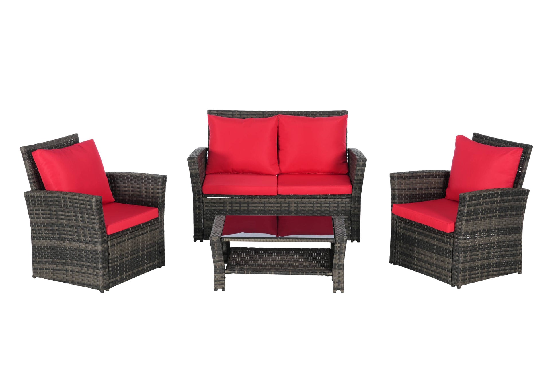 CESICIA Patio Chairs Set of 3 Wicker Gray Metal Frame Stationary Conversation Chair with Red Cushioned Seat