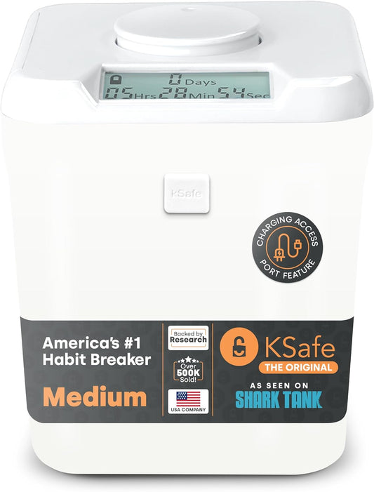K-Safe Time Locking Container (Medium), Timed Lock Box for Cell Phones, Snacks, and Other Unwanted Temptations (White Lid + 5.5” White Base with Access Port)