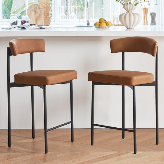 GrandNoor Brown Modern Bar Stools Set of 2, 24 Inch Faux Leather Counter Stools with Curved Backrest, Counter Height Bar Stool for Kitchen Island