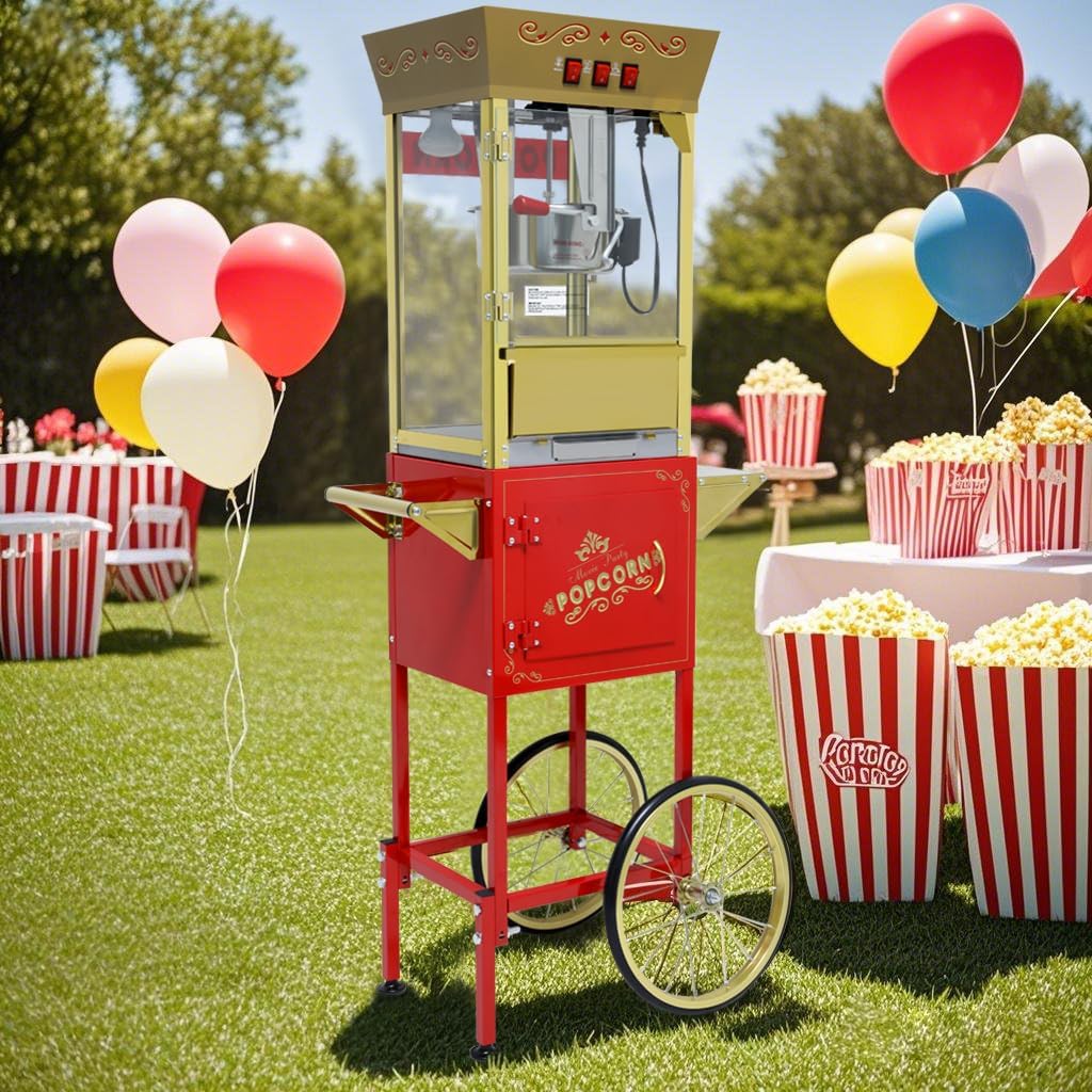 12 oz popcorn machine cart with stainless steel kettle, heat lamp and accessories for family gatherings, parties, holidays and movie theater popcorn dispensers, red