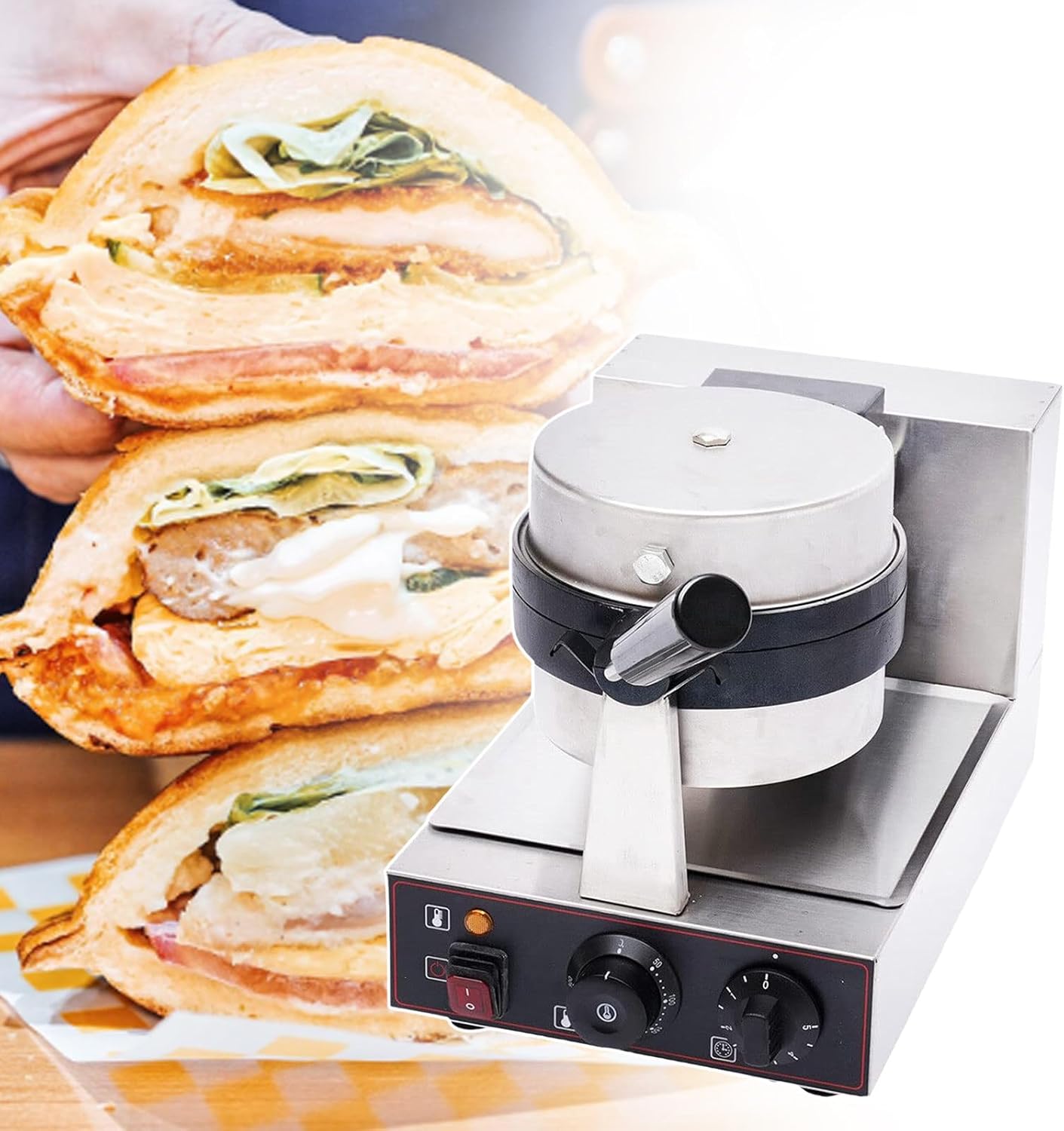 TREEYX Electric Hamburger panini Maker, Non-Stick and Swivel Function Waffle Maker, Stainless Steel Grill, Suitable for Commercial and Home use (A)