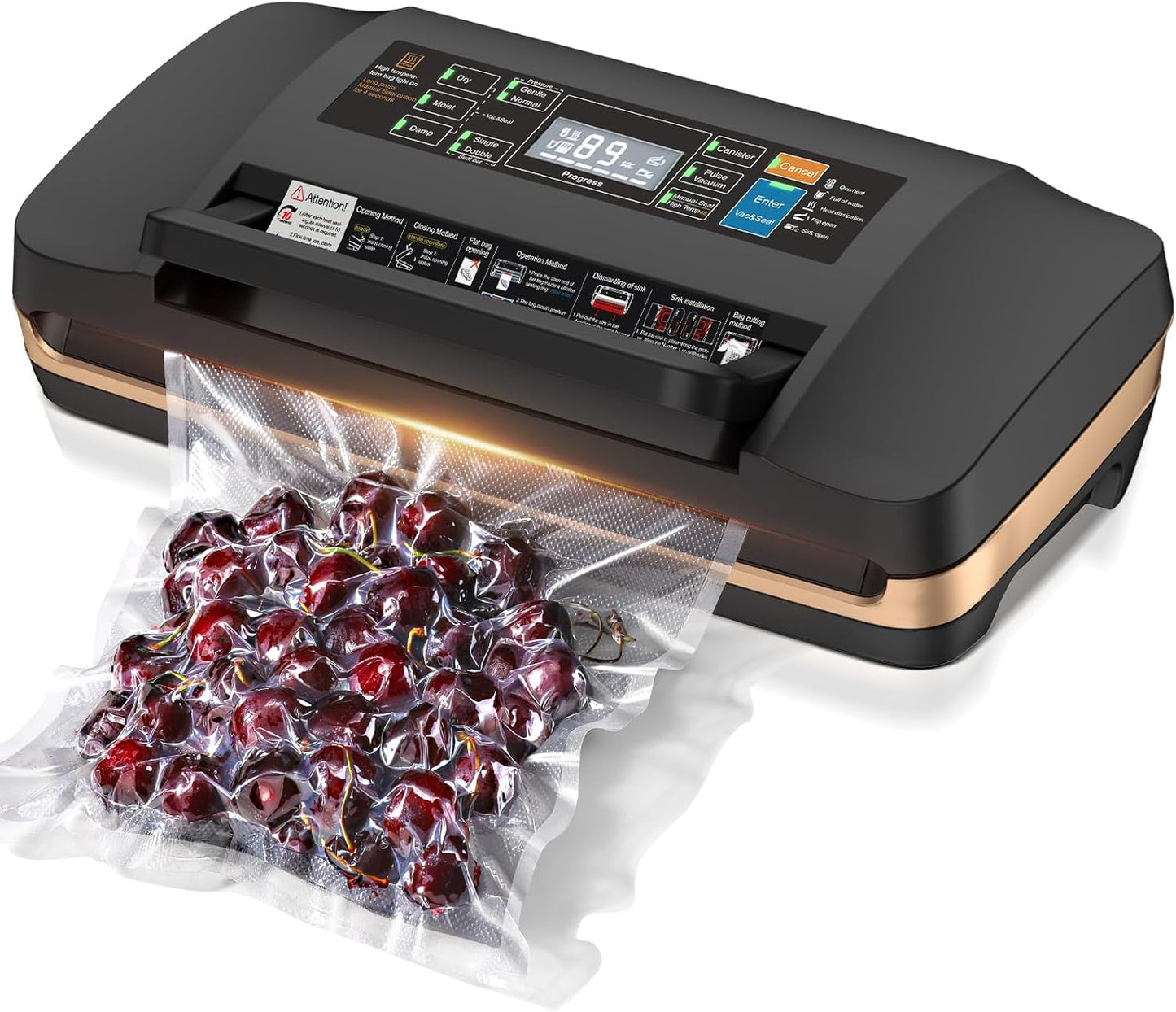 95kpa Vacuum Sealer Machine,Commercial Full Automatic Food Sealer,10-in-1 Sealing System with Double Heat Seal,Bags Storage,Easy-Lock Handle,Build-in Cutter,1 Bag Rolls and 10 pcs Pre-cut Bags๏ผBlack๏ผ