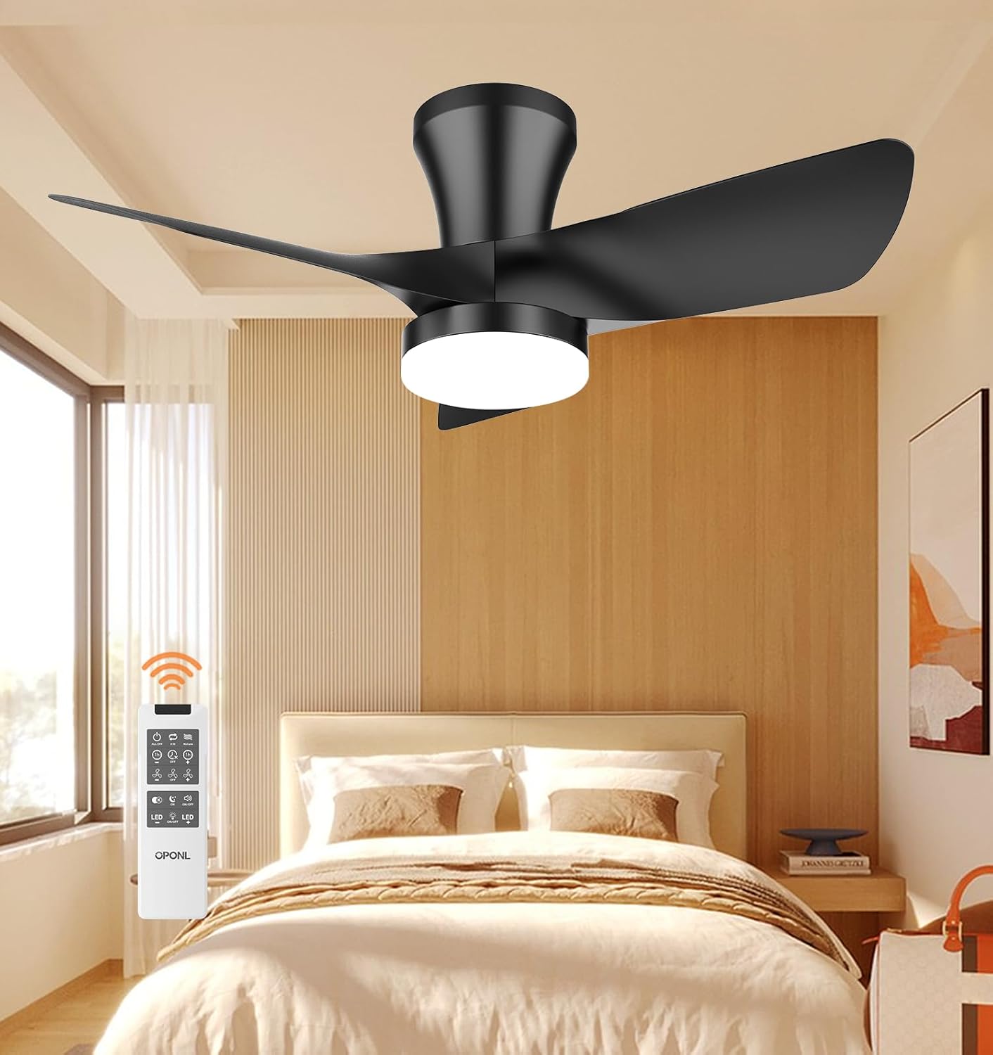 OPONL Black Ceiling Fan with Light 30inch, Large Air Volume, Ceiling Fans with Lights for Bedroom Kitchen Dining room Patio