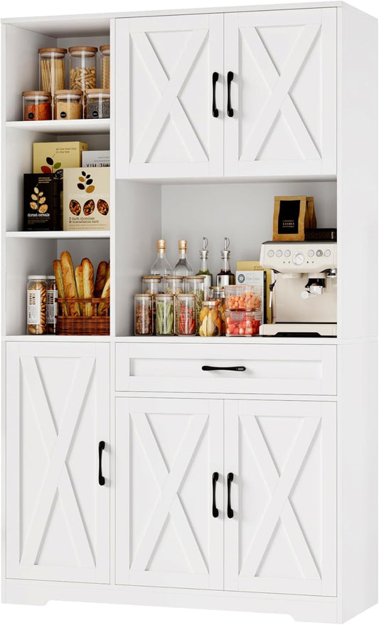 HOSTACK 71" Tall Kitchen Pantry Storage Cabinet, Farmhouse Food Pantry Cabinet with Microwave Stand, Barn Doors Kitchen Hutch with Large Drawer and Shelves for Dining Room