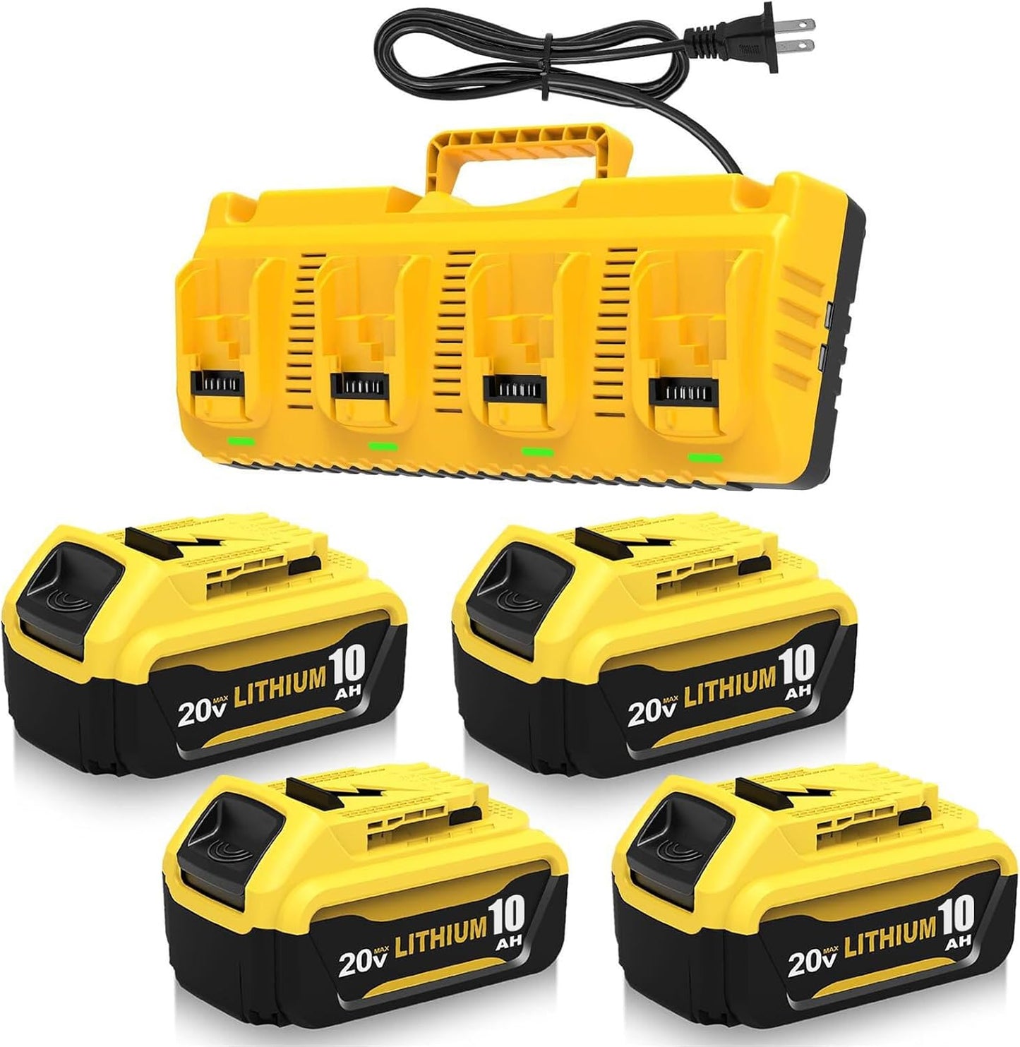 4 Packs DCB206 10.0Ah Replacement for Dewalt 20V Battery and DCB104 4-Port Charger Compatible with Dewalt 20V Battery 10.0Ah Lithium Ion DCB207 DCB204 DCB200 DCB201 DCB203 Series Power Tool (Yellow)