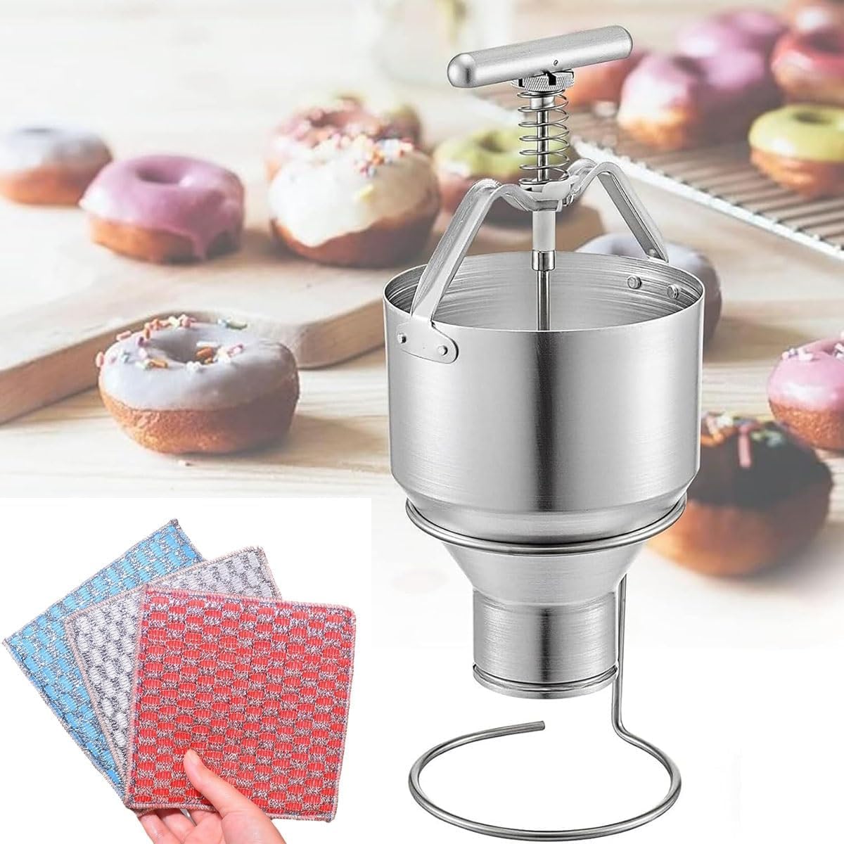 3L Manual Donut Depositor, Doughnut Mold, Mini Stainless Steel Donut Batter Dispenser, 6 Thicknesses Adjustment, Donut Dropper Hopper with Stand, Donut Maker Machine, for Home and Bakeries Cafes