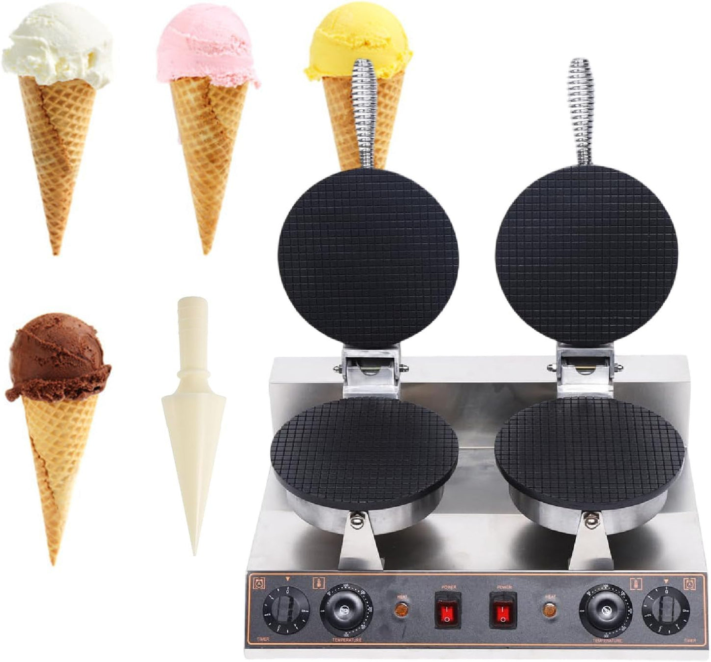 Ice Cream Cone Maker, Commercial Waffle Cone Machine, 1200W Electric Stainless Steel Non-stick Cone Waffles Maker,Double-220V