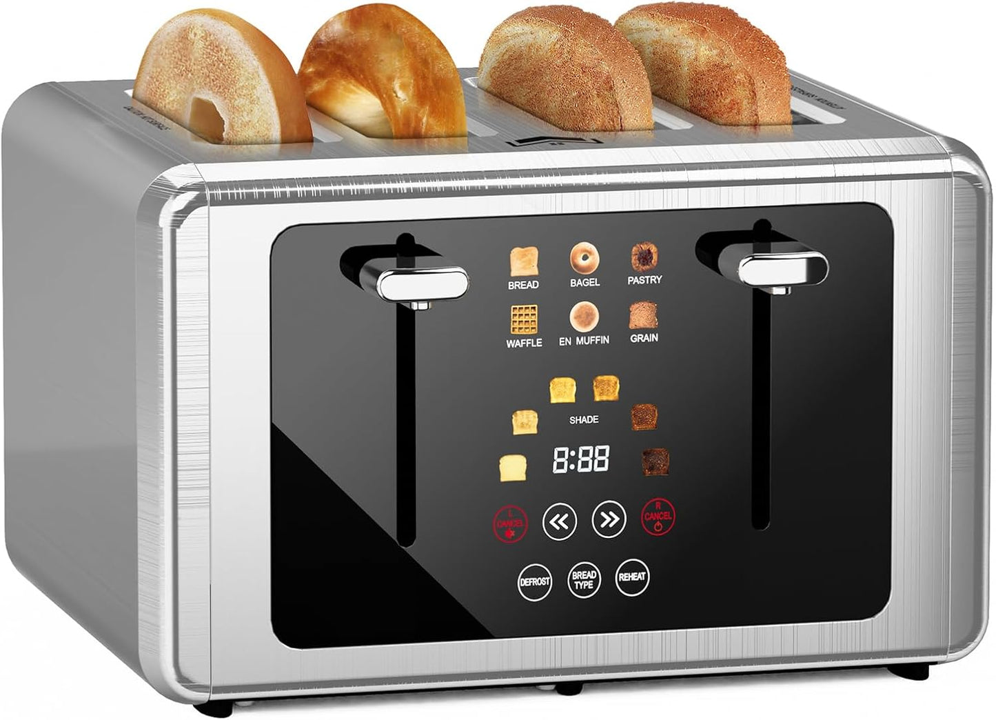 WUNLY Touch screen Toaster 4 slice,Stainless Steel Digital Timer Toasters with Sound\/Screen-Off Function,6 Bread Types & Shade Settings,Smart Extra Wide Slots Toaster with Bagel,Defrost,Silver