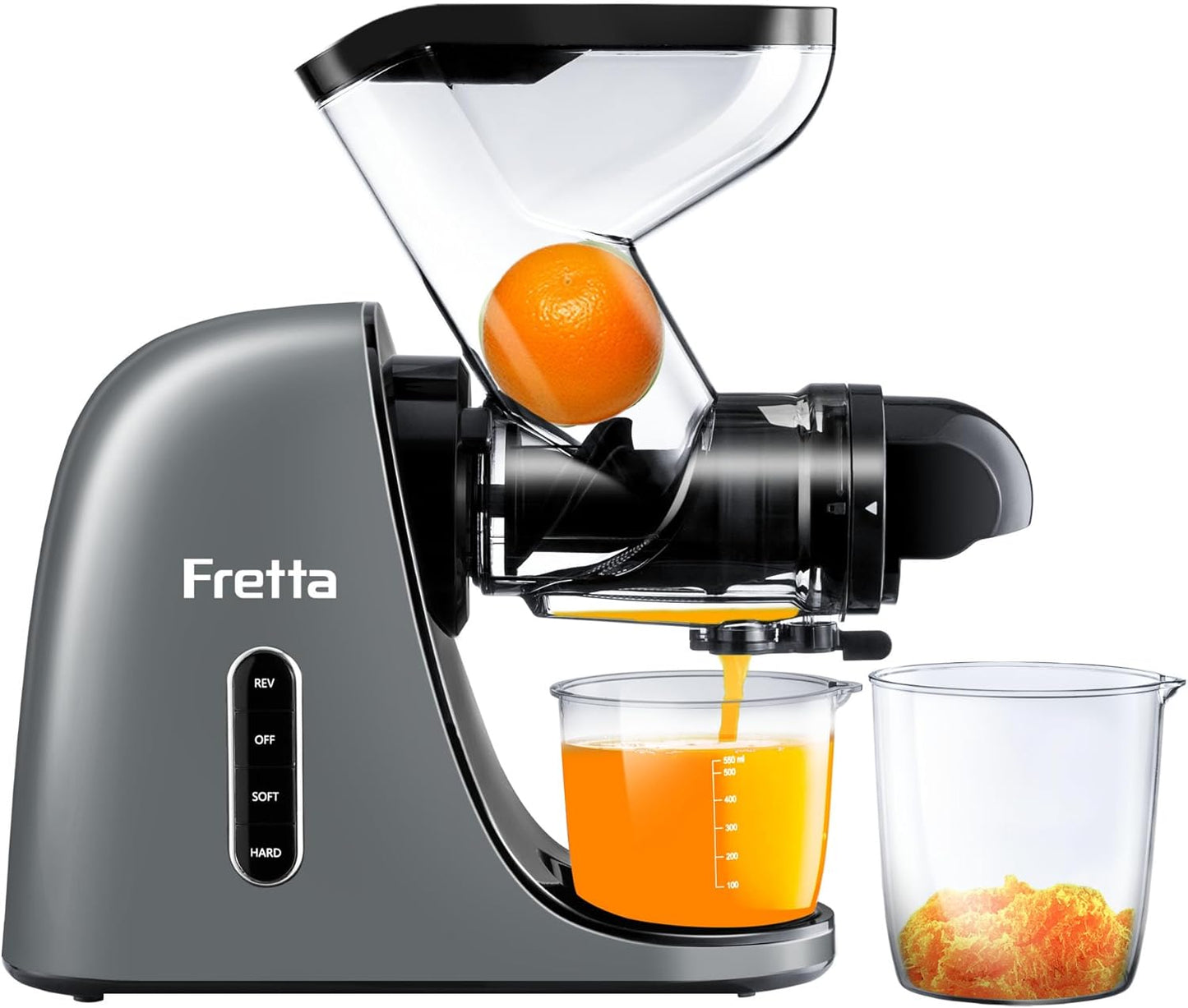 Fretta Cold Press Juicer,Juicer Machines Vegetable and Fruit with 3'' Feeding Chute, Masticating Slow Juicer Extractor, Easy to Clean,2 Speed, BPA-Free, 200W (Cool Grey)