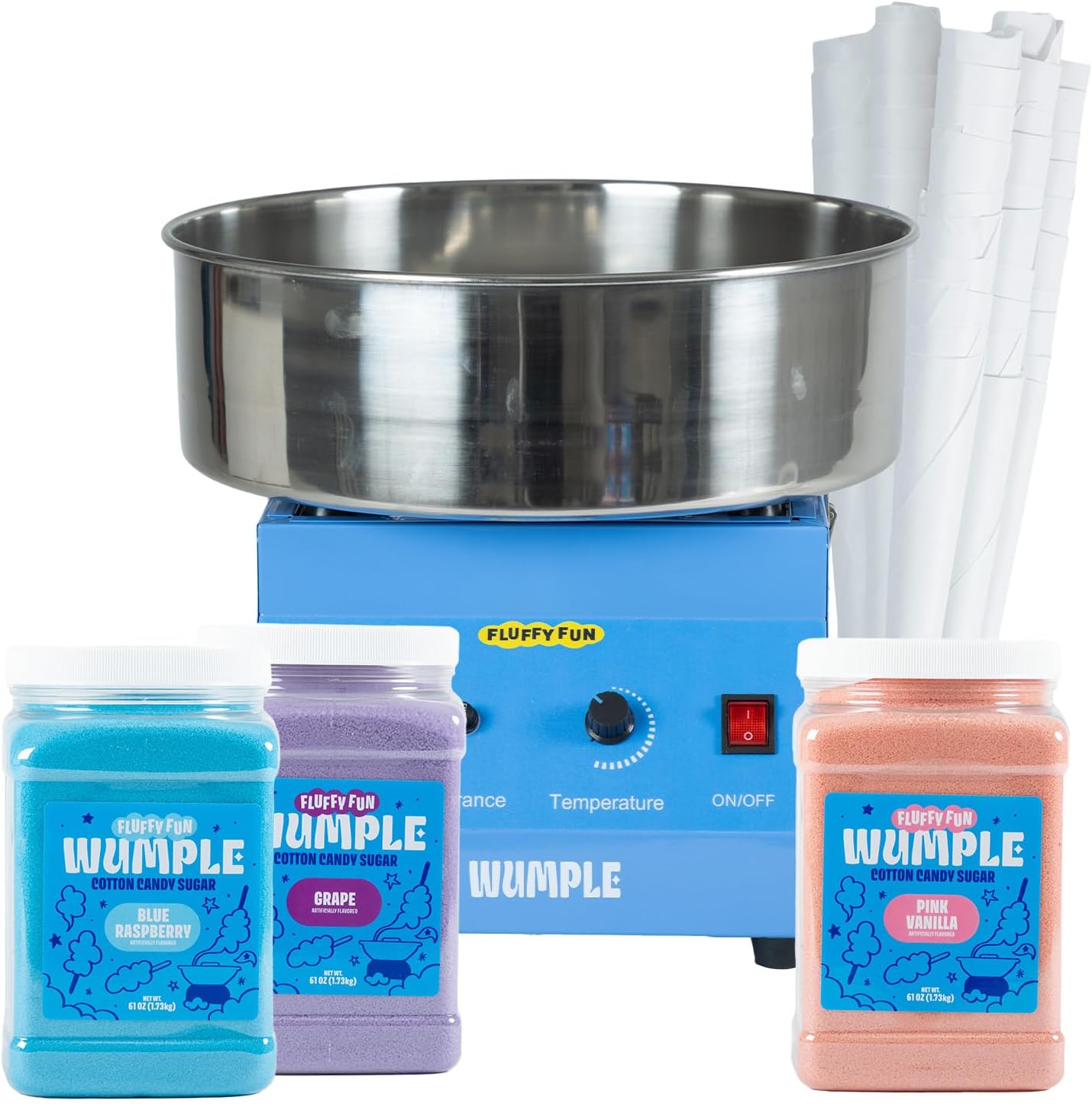 Cotton Candy Machine Pro Bundle, Includes 3 Flavored Sugars & 70 Cones, Electric Machine with Large Stainless Steel Bowl for Parties & Business (Blue)