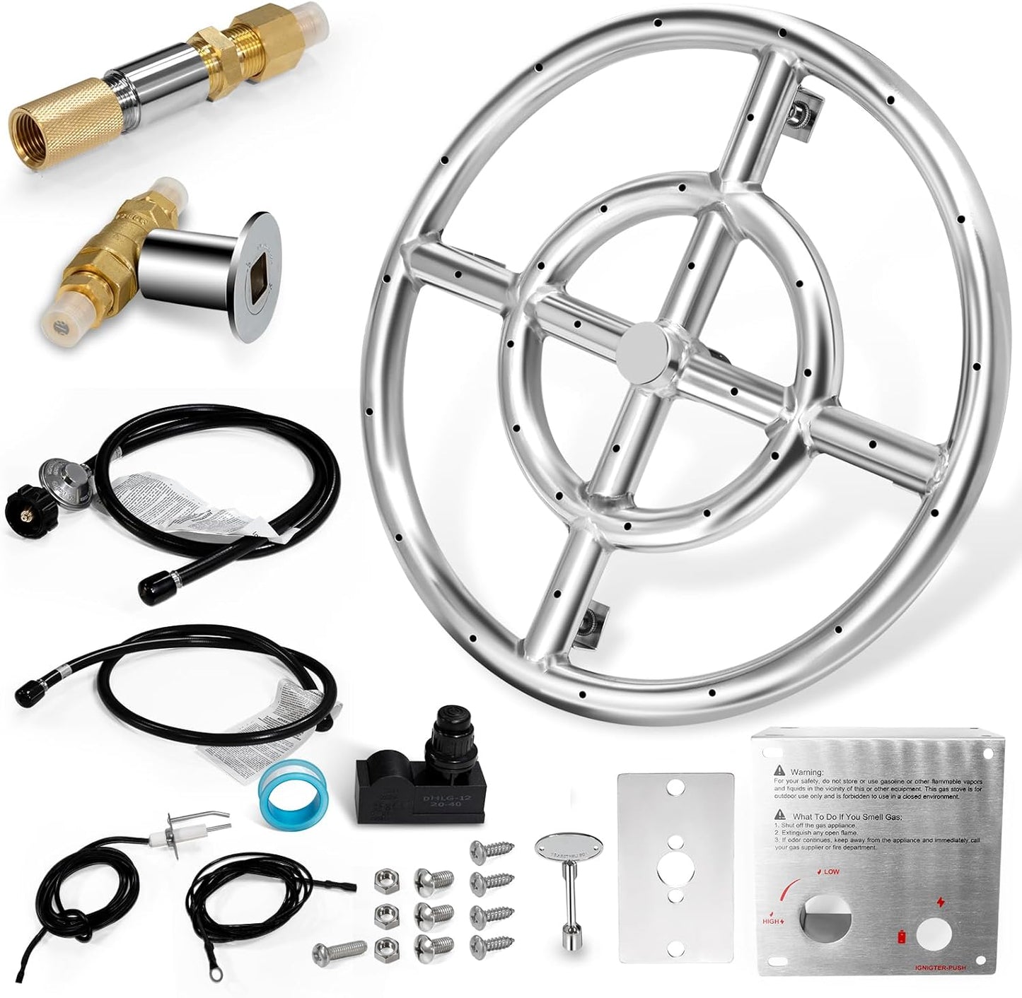Hiorucet 12 Inch Fire Pit Burner Ring Kits, DIY Propane Gas Firepit Insert Round Burner with Igniter Kits and Propane Hose Kits for Indoor or Outdoor, Stainless Steel LP Fire Pit Replacement Parts.
